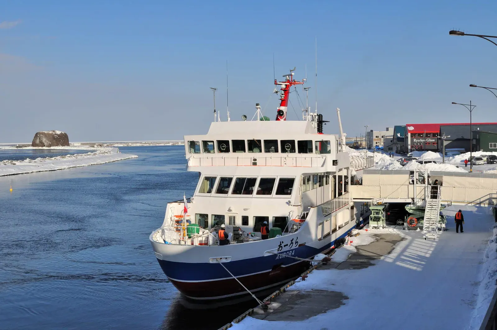 Abashiri ice-breaker tour ship moored beside a snowy quay