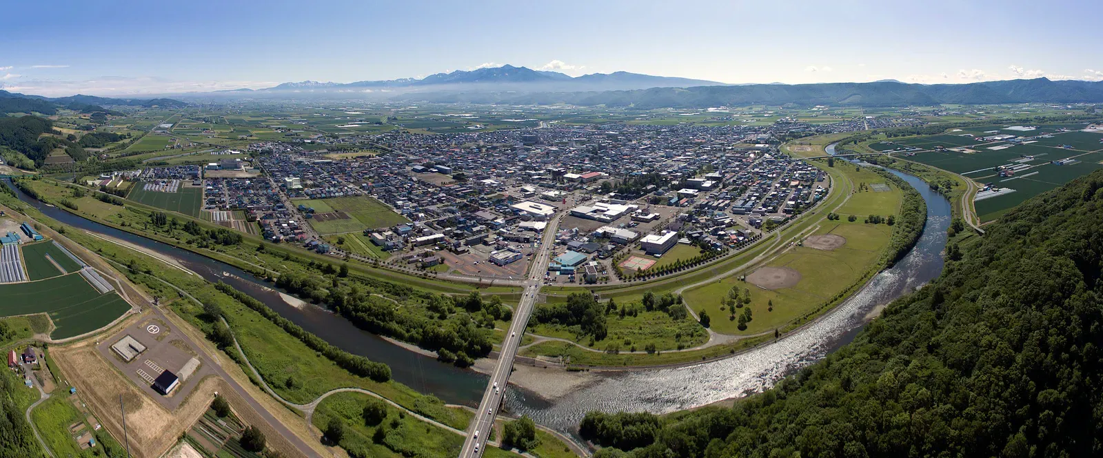 Aerial view of Furano town and river valley in Hokkaido
