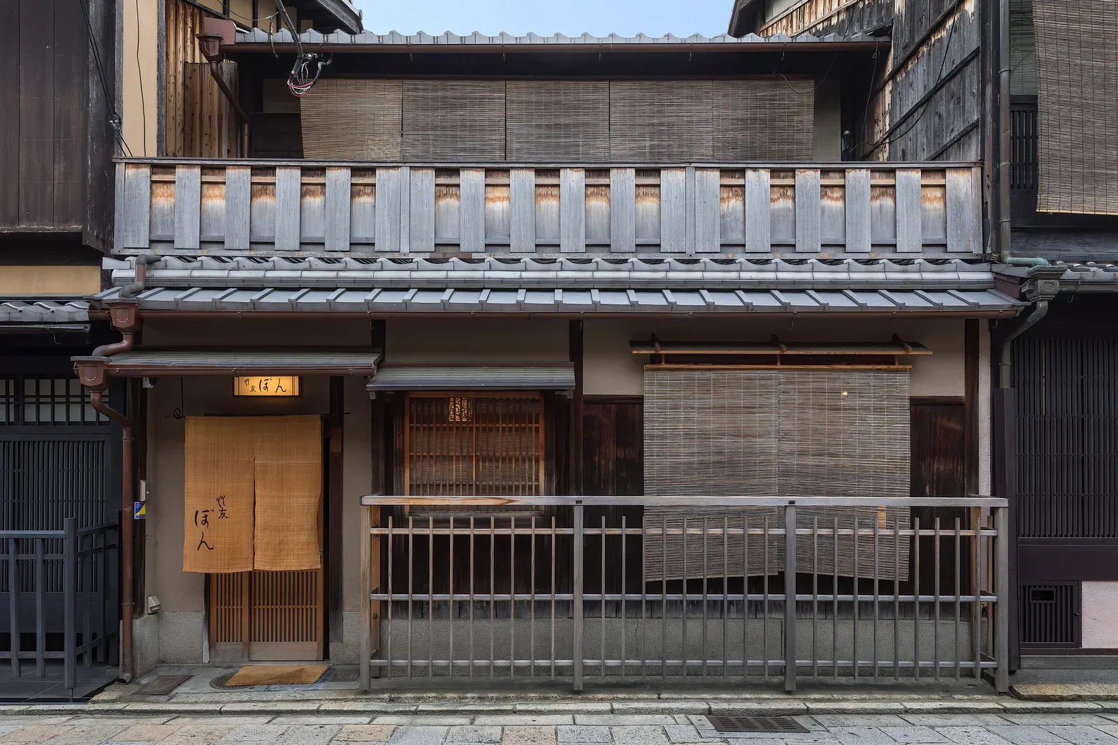 Wooden facade with sudare blinds in Gion