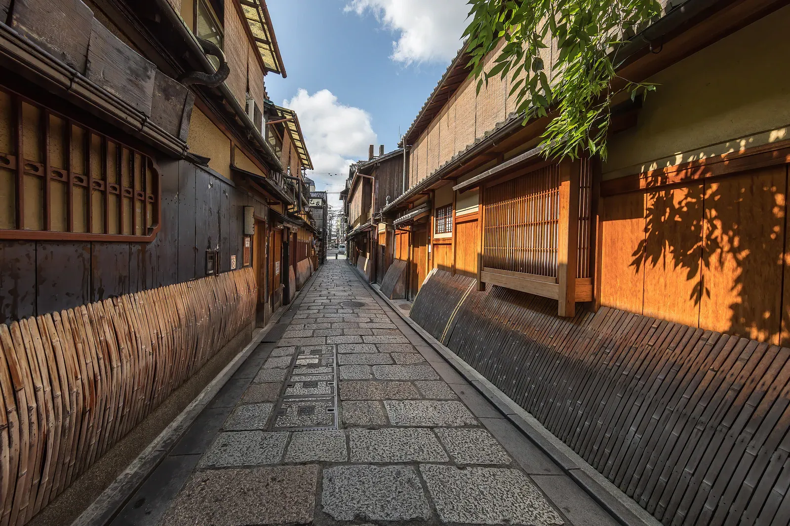 Cobbled Gion lane with bamboo-fronted houses