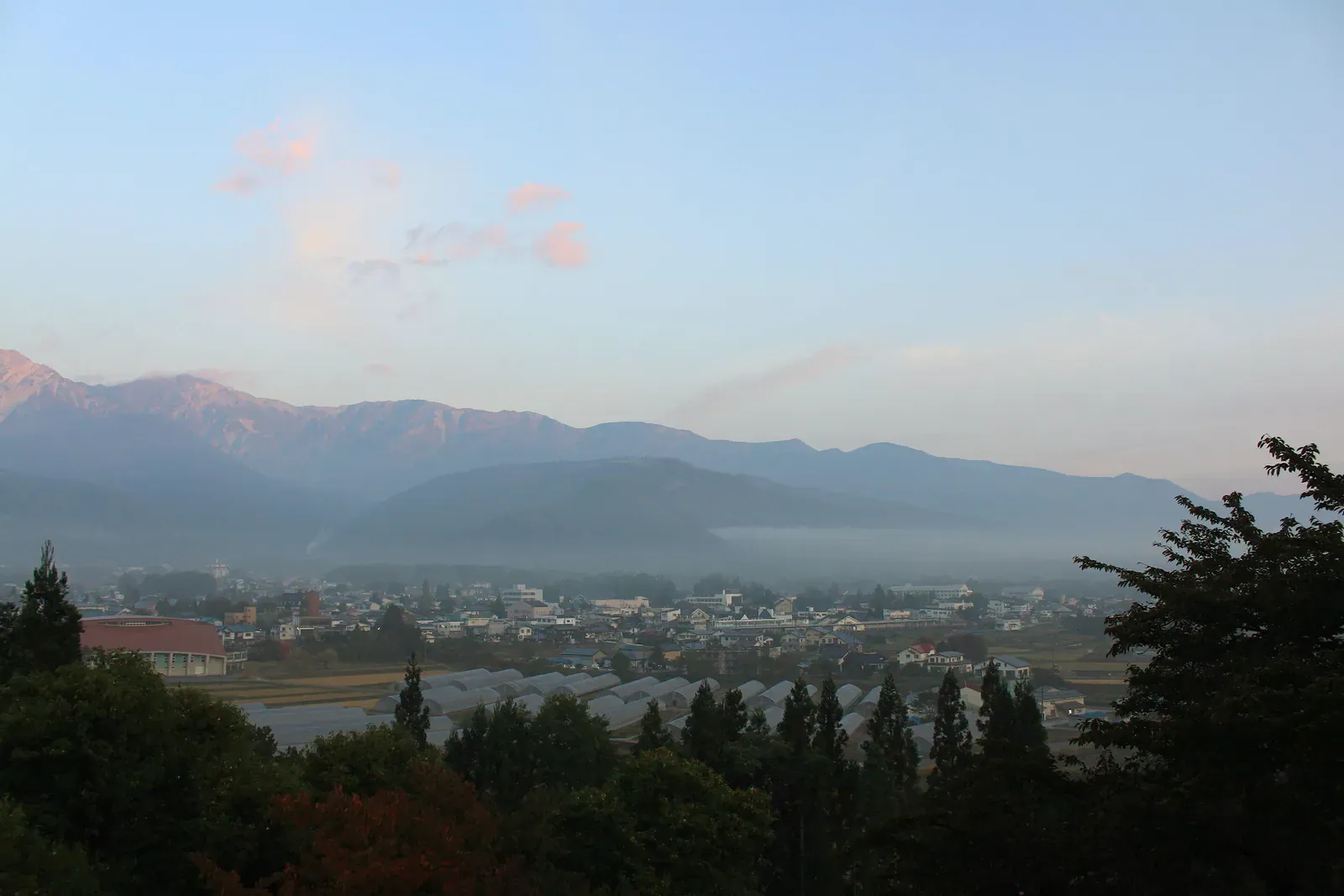 Hakuba valley at dusk below the Japanese Alps