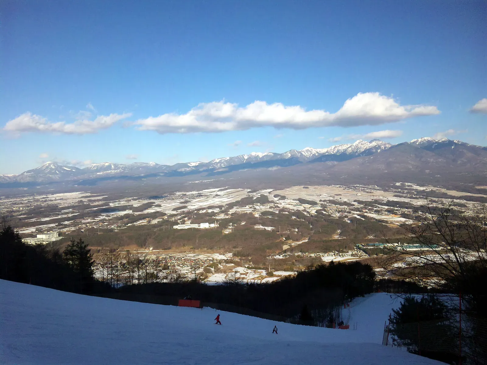 Snowy plateau and mountains seen from a ski area