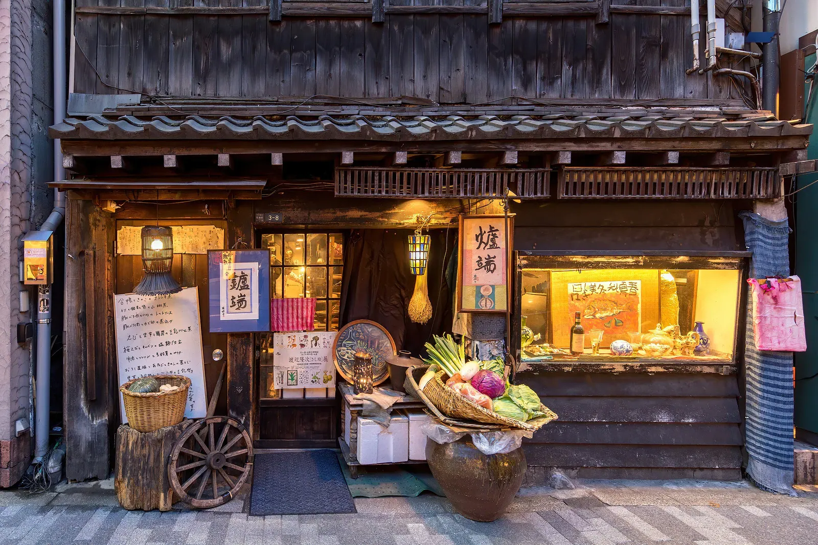 Illuminated restaurant facade in Tokyo
