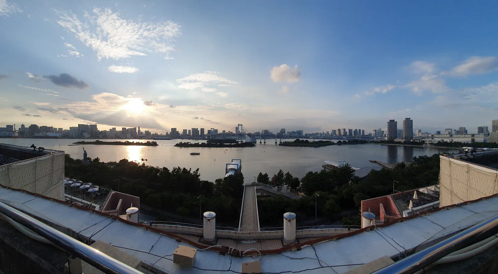 Sunset over Tokyo Bay and the skyline from a rooftop