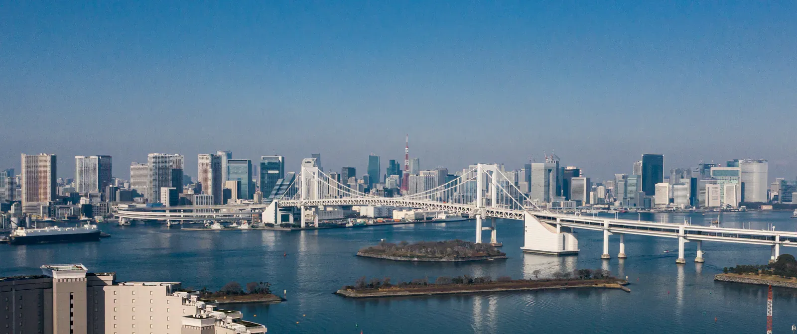 Rainbow Bridge and the Tokyo skyline across the bay on a clear day