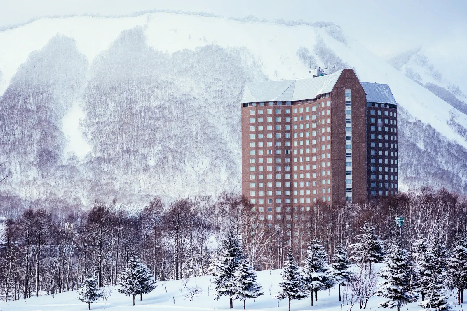 Tall brick hotel tower at Rusutsu among snowy trees and a white mountain