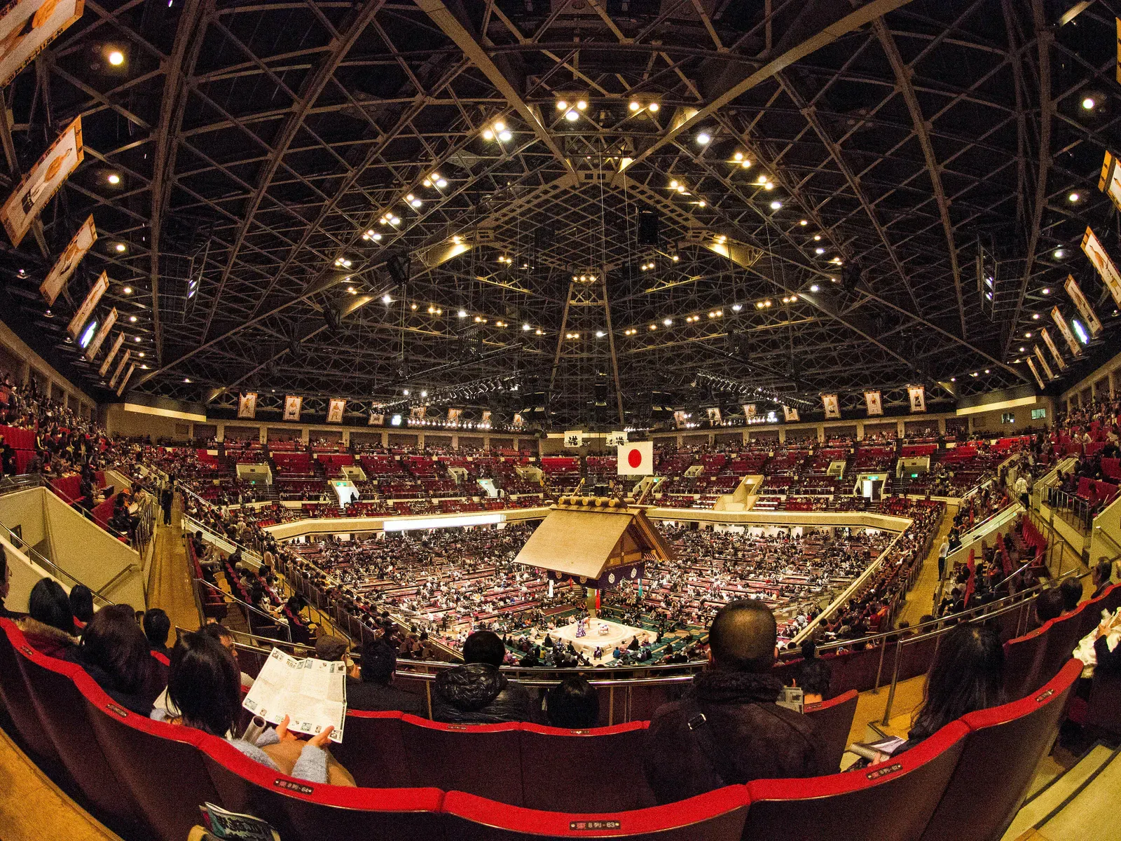 Inside the Ryogoku Kokugikan during a sumo tournament
