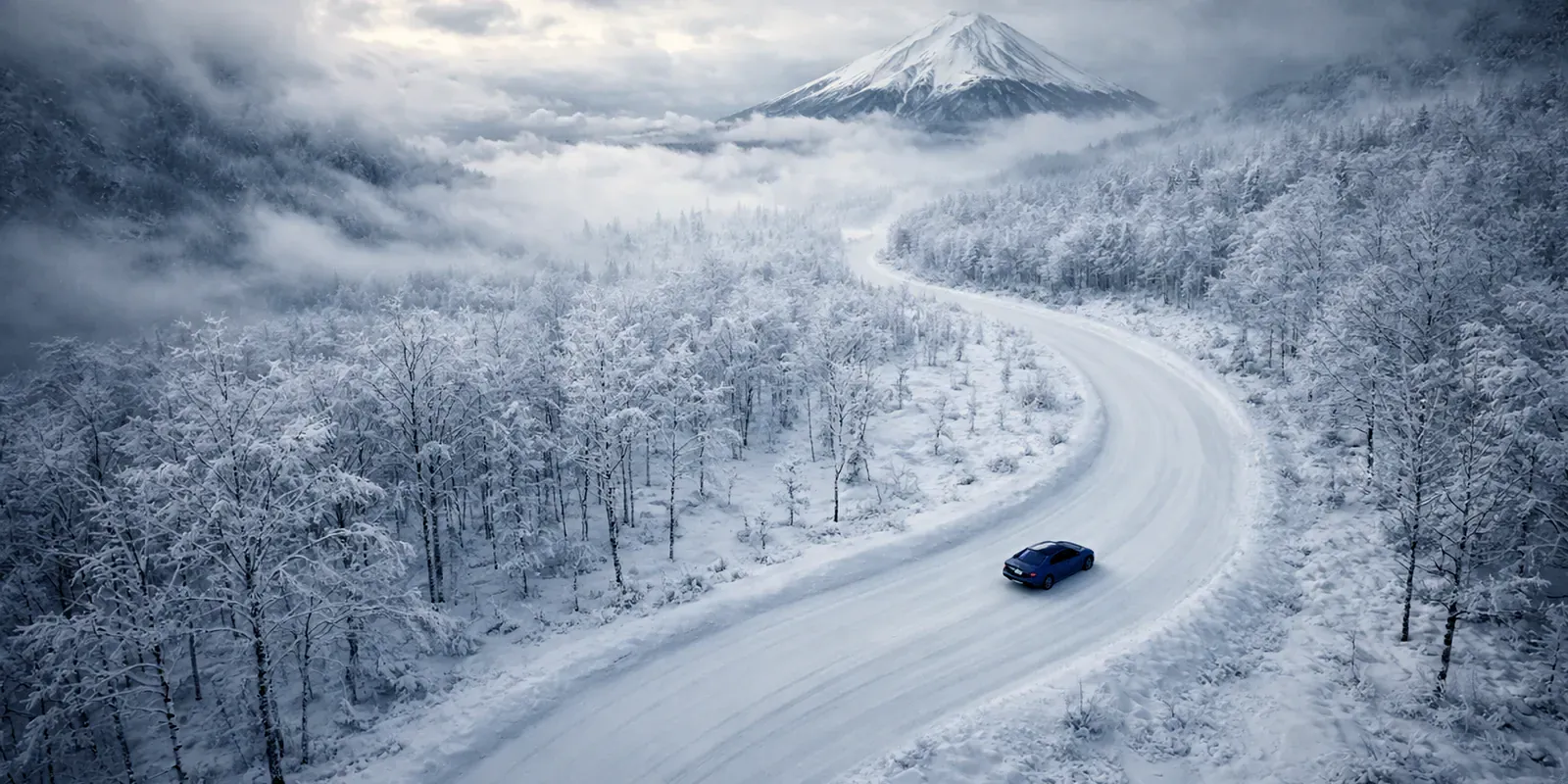 Car on a snowy road in Japan