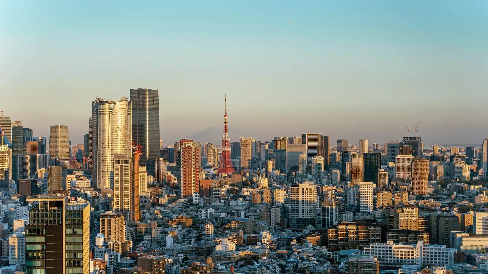 Tokyo Tower among apartment towers at sunset