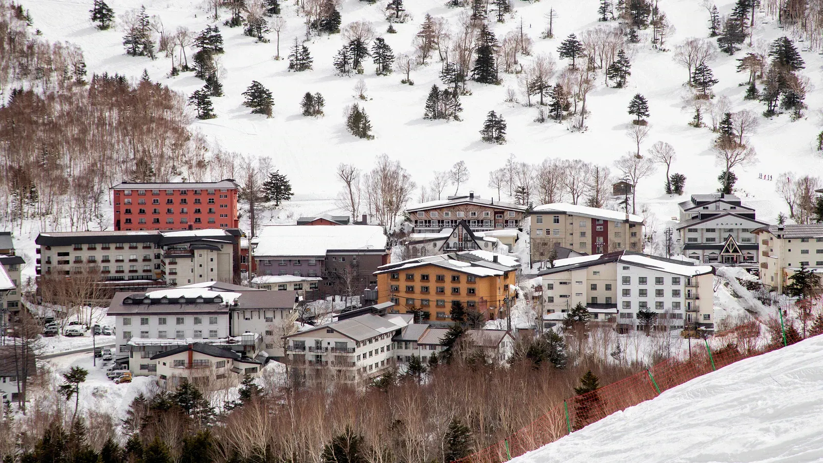 Ski lodges on a snowy slope at Shiga Kogen